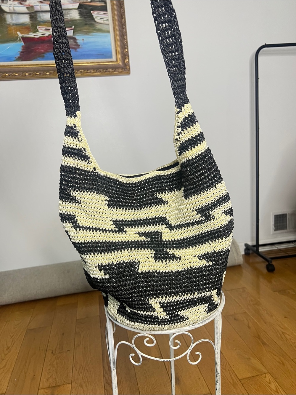 Handcrafted Black and Cream Crochet Shoulder Bag